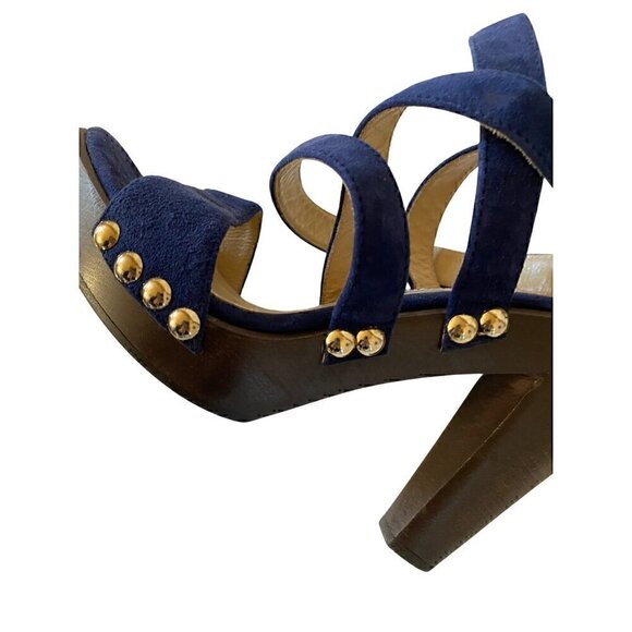 Jimmy Choo Suede Studded Unity Platform Sandals Heels 38 US 8 Blue Gold Strappy - Picture 6 of 16